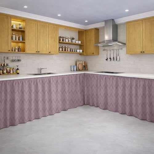Image of LINENWALAS Under Sink Curtain for Kitchen - Pack of 2 | Herringbone Embossed Design Polyester Under-Sink Cover | Storage-Hiding Curtain with Rod Pocket | Kitchen & Bathroom (132x71 CM, Lilac)