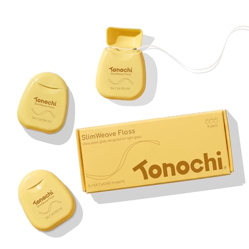 Tonochi SlimWeave Extra-Thin Flat Dental Floss for Tight Teeth Shred-Resistant Dental Tape Waxed Smooth Glide Mint + Xylitol 3-Pack (164 yd Total)