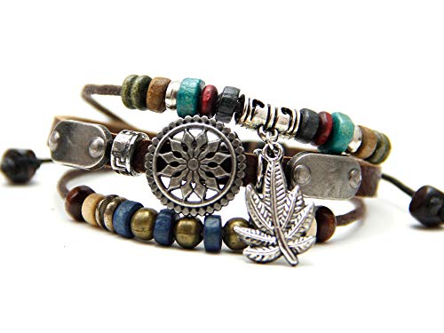 Agathe creation - YS750 - Bracelet en Cuir Mixte tibétain Porte Bonheur - Feuille de Cannabis - Fait Main