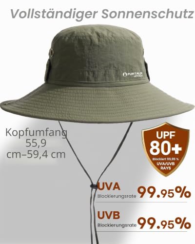 FURTALK Sonnenhut Herren Anglerhut UPF 80 breiter Rand Faltbarer Outdoor Wander und Strandhut Grün