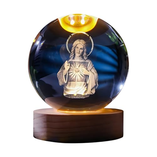 Image of 3D Crystal Ball Night Light with Wooden Base, Aesthetic Clear LED Lamp for Home and Bedroom Touch Switch, Warm Light for Kids and Teens Perfect Birthday & Anniversary (Holy Jesus Christ)