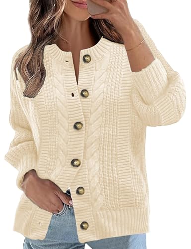 Women's Cable Knit Long Sleeve Cardigan Crew-Neck Open Front Button Down Sweater Coat (Apricot M)