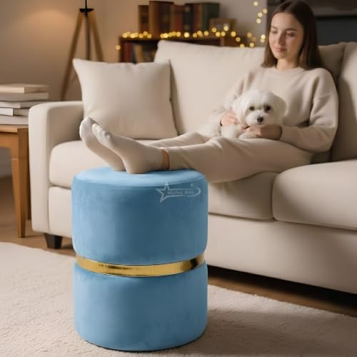 Image of Round Single Strip Upholstered Stool Living Room Foot Rest Linen Fabric Padded Seat Pouf Ottoman Office Stool (Sky Blue)