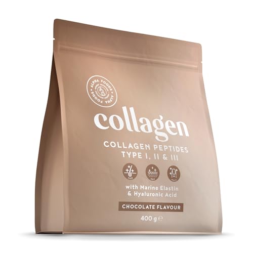 Colágeno en Polvo 400g | Péptidos de Colageno Hidrolizado con Acido Hialuronico y Elastina Marino | Collagen Peptides Tipos I, II, III | Sabor Chocolate | Alpha Foods