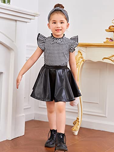 Image of WDIRARA Toddler Girl's 2 Piece Outfits Plaid Mock Neck Cap Sleeve Top and PU Leather Skirt Set