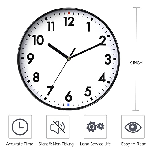 Wall Clock 9 Inch Silent Non-Ticking Battery Operated Modern Round Wall Clocks For Bedroom,Living,Office, Home, Bathroom, Kitchen, School,Room(Black) #TOP3