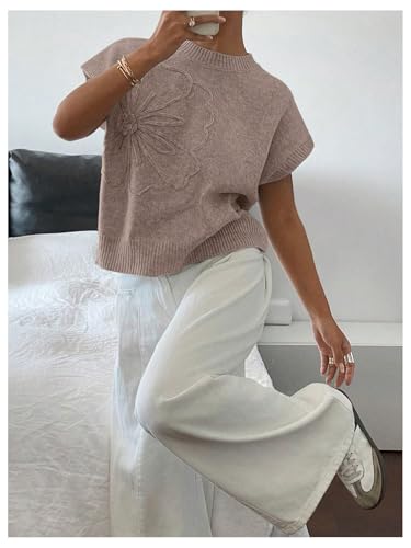 Image of SOLY HUX Women's Short Sleeve Sweater 3D Floral Sweaters Pullover Tank Tops Knit Vest Trendy Fashion Clothing