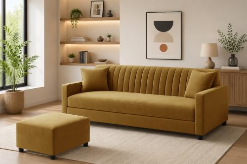 Image of Modern 3-Seater Wooden Sofa Set with Ottoman, Soft Velvet Upholstery, Comfortable Couch for Living Room, Office & Apartment - Golden Color