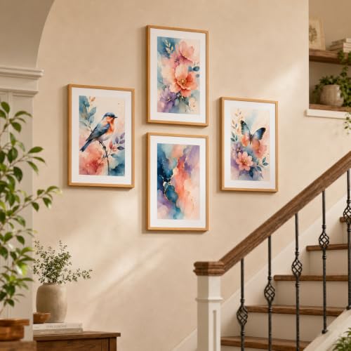 Image of Livin'luxe Set of 4 Watercolor Floral Bird & Butterfly Wall Paintings with Sparkle Laminate and Premium Wooden Synthetic Frame for Living Room Bedroom Office Decor (13.5 x 19.5 Inch)