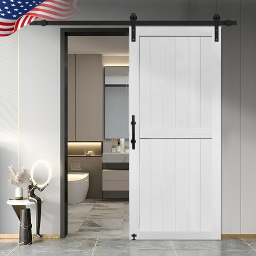 S&Z TOPHAND® 38in x 80in MDF Barn Door with 6.6FT Sliding Door Hardware Kit, 24-60in Solid Barn Door Slab Covered with Water-Proof PVC Surface, (J Shape)