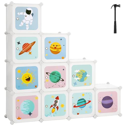 SONGMICS Estantería Modular Infantil de 10 Cubos, Organizador para Niños, Estantería de Plástico, Armario Modular con Puertas para Ropa, Zapatos, Juguetes, 123 x 31 x 123 cm, Blanco LPC903W01