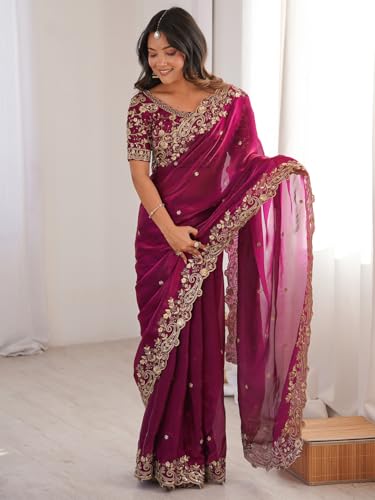 Image of AKHILAM Women's Shimmer Satin Sequence Embroidery Saree With Unstitched Blouse Piece(AARYAN21401 KR Parent)