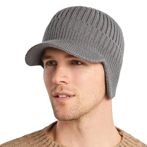 UTOWO Mens Winter Beanie Hat with Brim Warm Double Knit Cuff Beanie Cap Warm Lined Earflap Cap Outdoor Ski Visor Beanie Hat Grey