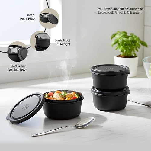 Image of NARIYA Lunchbox Set with 3 Leak-Proof Container, 1 Steel Bottle and Steel Spoon Set for Office and School (Black)