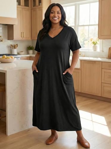 Image of SUZONANA Black Plus Size Maxi Dresses for Women Short Sleeve Summer T-Shirts Casual Dress Sundress with Pockets 3XL
