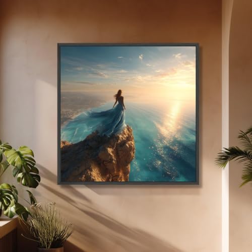Póster de mujer con vestido azul cuadro abstracto de océano pacífico atardecer en mar