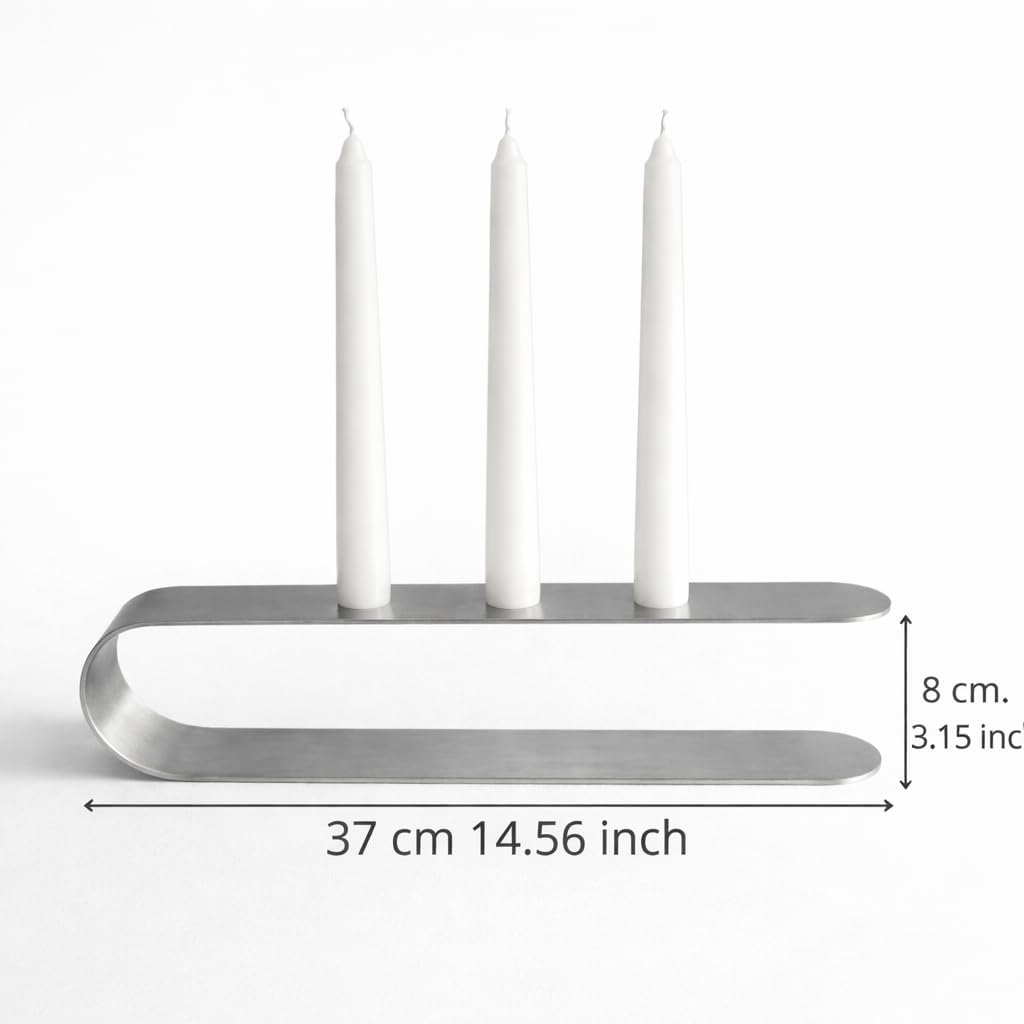 Flambe Stainless Steel Candle Holder Set with 3 Candles, Modern Minimalist Candle Stand, Dinner Table Decor, Home Styling Centerpiece, 14.5" L x 2" W x 3.1" H