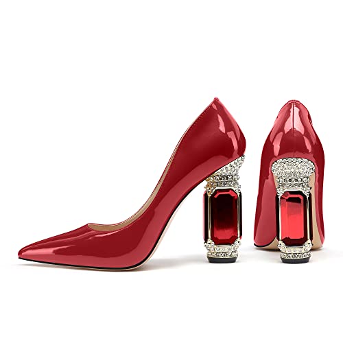 Image of JANSEVEN Women Chunky Heels Pumps Crystal Block Heels with Rhinestones Pointed Toe Sexy Gradient Patent Leather Slip on Bridal Party Wedding Dress Shoes 5-13 M US