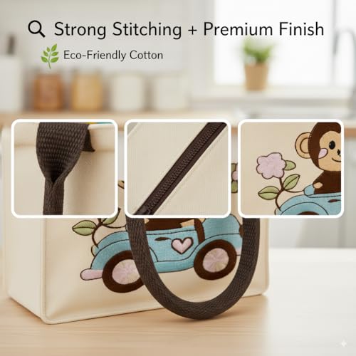 Image of Kids Lunch Bag | Cute & Stylish Embroidery Mini Tiffin Bag for Boys & Girls | Cute Cotton Cartoon Design I Picnic Tuition School, Preschool & Playschool | Gift for Birthday