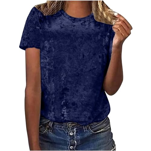 Image of Velvet Short Sleeve T Shirts for Women UK Crew Neck Tops Casual Fashion Blouse Crewneck Loose Fit Tunic Tops Summer Spring Outfit Ladies Work Office Tee Shirt Solid Color Top Dark Blue