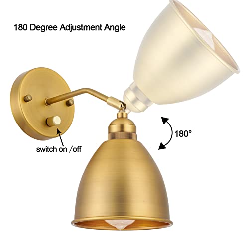 Terleenart Set Of 2 Pcs Industrial Farmhouse Metal Wall Sconce With On/Off Switch, Antique Brass Outside Gold Inside Bell Shade Wall Light Fixture For Kitchen Sink Bedroom Living Room Bathroom Vanity #TOP2