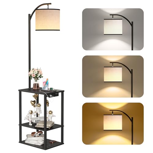 Image of SUNMORY Floor Lamp with Table, End Table for Living Room with Lamp, Shelves Side Table with Charging Station(USB & AC Port), 3 Color Temperature LED Bulb, Modern Nightstand Lamp for Bedroom, Office