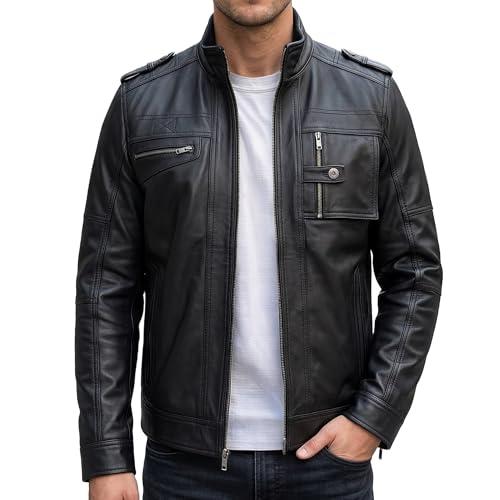 Image of Leather Jacket Men - Real Lambskin Motorcycle Jacket with Snap Tab Collar, Adjustable Waist & Zippered Pockets