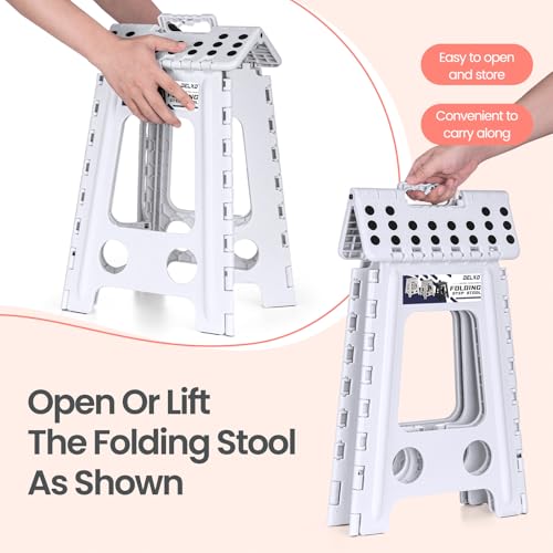Image of Delxo Folding Step Stool 17.5 Inch White Step Stools for Kids Foldable,Portable Collapsible Step Stool with Handle, Folding Stool for Kitchen Bathroom,Bedroom,Garden
