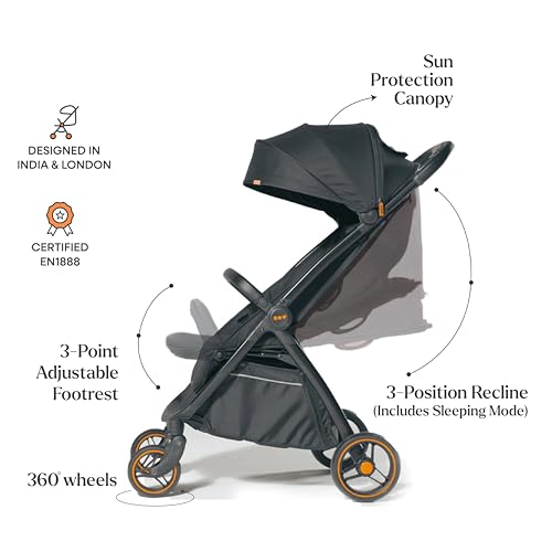 Image of Loopie Stroller and Rain Cover with Mosquito Net | 1 Hand Fold Cabin Friendly Compact Foldable Stroller for 0-4 Years with Adjustable Seat | Sleeping Position | 360 Wheels | 1 Year Warranty | Black