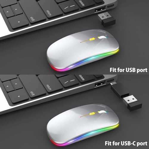 Image of LED Wireless + Bluetooth Mouse, Slim Silent 2.4G Portable Mobile Optical Office Mouse with USB & Type-c Receiver, 3 Adjustable DPI Levels for Notebook, PC, Laptop, Computer (Silver)