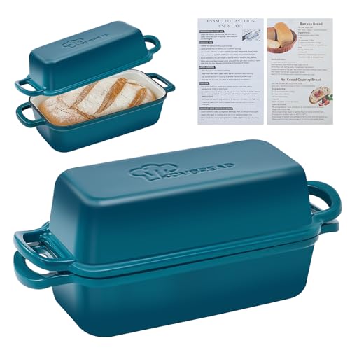 KOVBREAD Cast Iron Loaf Pan with Lid 10x5 Inch Enameled Bread Loaf Pan for Sourdough 2 Piece Set Emerald