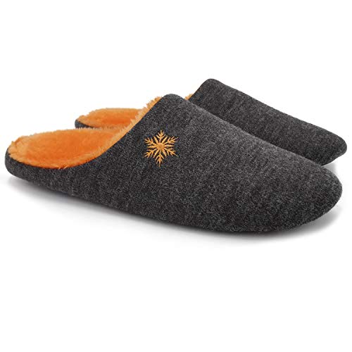 ofoot Women indoor Slippers Woolen Knit Upper with Snowflake Embroidery,Warm Cozy Fleece Lining Non Slip Sole House Shoes (Black+Orange, US 8.5-9.5)