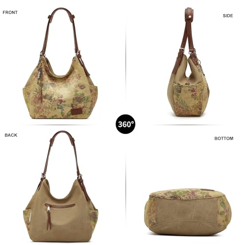 Image of Worldlyda Women Canvas Hobo Purse Multi Pocket Tote Shopper Shoulder Bag Casual Top Handle handbag with Embroidery Ethnic