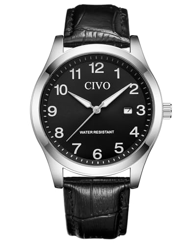 CIVO Montre Homme Bracelet Cuir Étanche Montre pour Homme Calendrier Lumineux Analogique Quartz Montre Classique Entreprise Montre Bracelet Noir Cadran Cadeau Homme