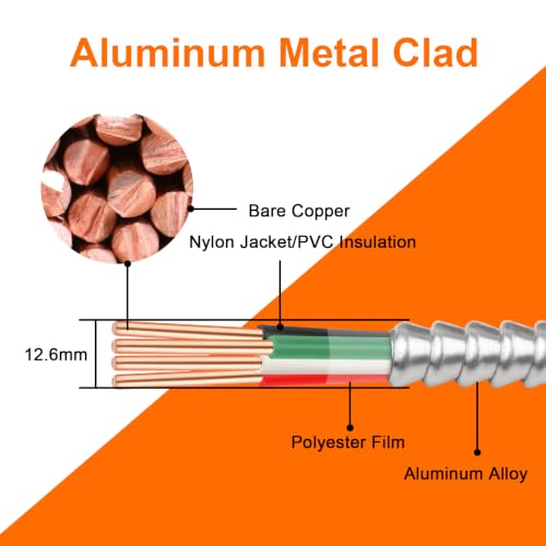 Image of 15FT 12 /3 Metal Clad (MC) Cable with Ground, 12 Gauge Electric Wire with Aluminum Armor, Solid Bare Copper Conductors for Indoor Outdoor Underground Embedded Installation (12 /3, 15 ft)
