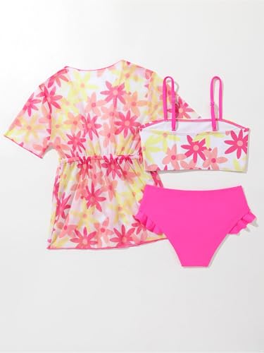 Big Girls 3 Pieces Bathing Suits Floral Short Sleeve Kimono Top Bikini Bra Top with Brief2