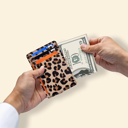 Image of Oak Leathers Leather Slim Minimalist Wallet for Men & Women RFID Front Pocket Leather Card Holder Wallets (Small Leopard)
