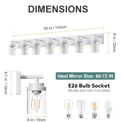 Image of IZORRO Bathroom Light Fixture White, Clear Glass Shade 52-Inch 7-Light | Bathroom Light Fixtures Over Mirror, Modern Farmhouse Vanity Lights, Rustic Restroom Lighting Fixtures