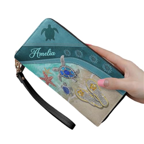 Personalized Beach Sea Turtle Women Leather Wallet, Vintage Custom Name Ocean Flip-Flop RFID Blocking Zip Pocket Multi Card Travel Clutch Wristlet, Cute Gifts for Beach Lover (Beach)