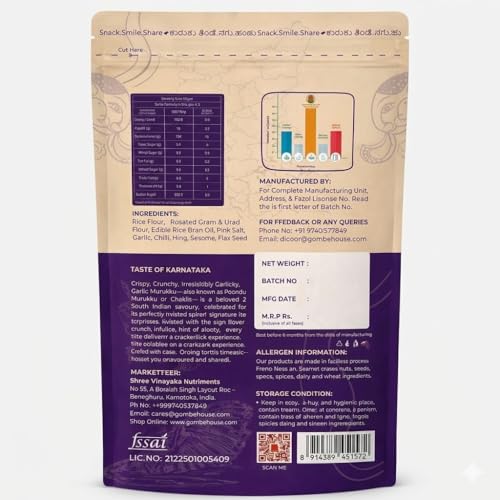 Image of Gombe House Garlic Murukku 120g Each (Pack of 3, 360g Total) Authentic South Indian Chakli Snack Crispy & Tasty Garlic Flavour Vegan No Palm Oil Traditional Tea Time Namkeen