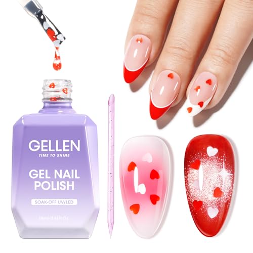 GELLEN Gel Nail Polish High Glossy Top Coat Gel with Pink & Red Heart Shape Soak Off UV Gel Polish No Wipe Glitter Gel Nail Polish with Stick DIY at Home