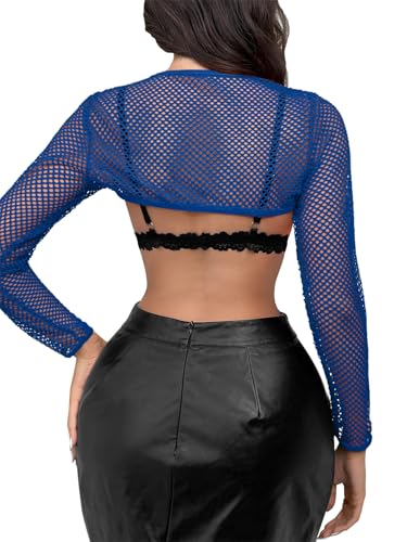 Image of Lilosy Sexy Fishnet Mesh Sheer Crop Top Long Sleeve Shrug Shirt Rave Outfits Cover Up One Piece(No Bra)