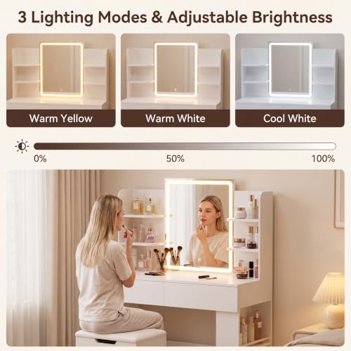 Image of YESHOMY 35.4 inch Vanity Desk with LED Mirror and Lights,Makeup Vanity Set with 2 Storage Drawers, 2 Side Shelves, 1 Storage Bench and Open Storage Shelves, 3 Color Modes, for Bedroom, Modern White