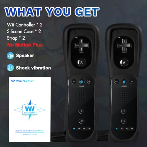 Image of PORTHOLIC Wii Remote Controller, 2 Packs Upgrade Wii Wireless Controller(Black and Black)