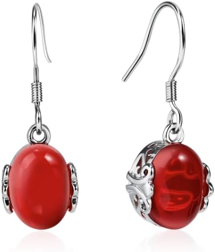 Vintage Silver Drop Dangle Earrings with Oval Red Green Stone, Elegant Birthstone Jewelry Ruby Emerald Earrings for Daily Wear
