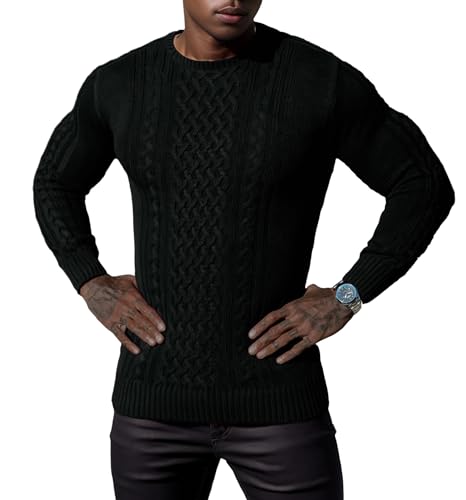 Hisir Herren Winter Pullover Dicke Kabelstrick Lässig Rundhals Warm Langärmelig Sweater Strickpullover Rundhals Pulli Männer (schwarz, XL)