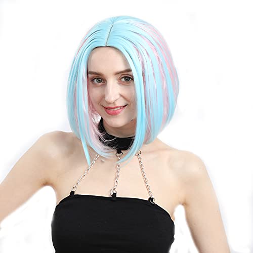 Cosplay Short Wig Blue/Pink 12" Middle Part Colorful Synthetic Wigs for Women Layered Fluffy Candy Wig (Color:Arctic Blue/Pink)