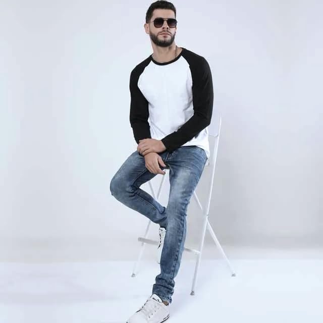 Image of MADLYX Raglan Full Sleeve T-Shirt, Cotton, Black and White, Bio-Washed
