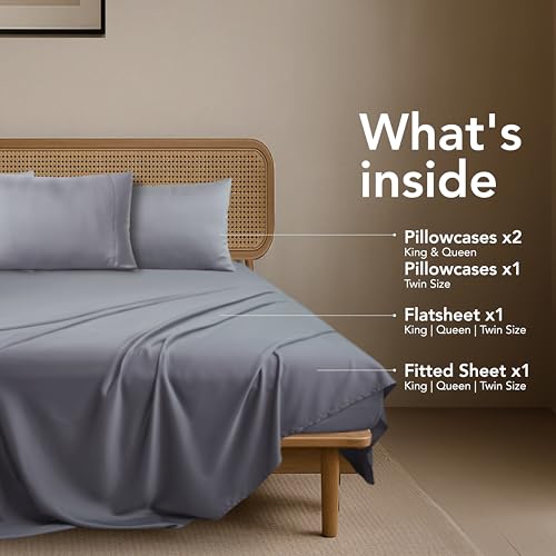 Image of Epitex Solid 4 Piece King Sheet Set - Viscose Derived from Bamboo, 1400 Thread Count, Breathable and Cooling Bed Sheets Set, Luxurious Bedding for Hot Sleeper, Deep Pocket up to 16'', Light Grey