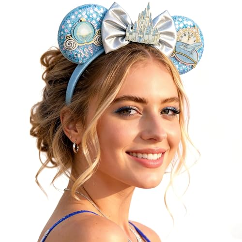 Rostonyra Blue Fashion Headband for Women Sequin Mouse Ears Headband with Castle Bows for Cosplay Costume Party Decorations Hair Accessories